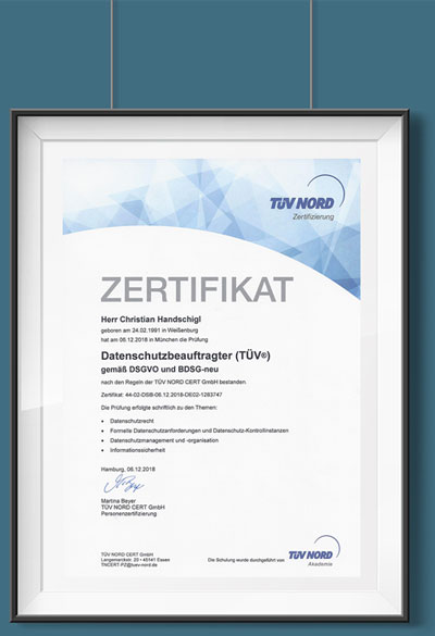Certificat: Christian Handschigl certificat com a responsable de la protecció de dades per TÜV Nord